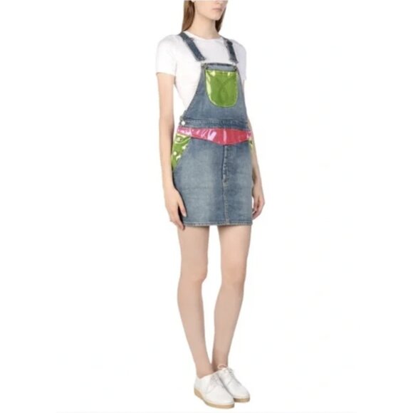 JEREMY SCOTT X MOSCHINO Neon Applique Denim Overall Dress Avant Garde Size US 6 - Picture 1 of 15